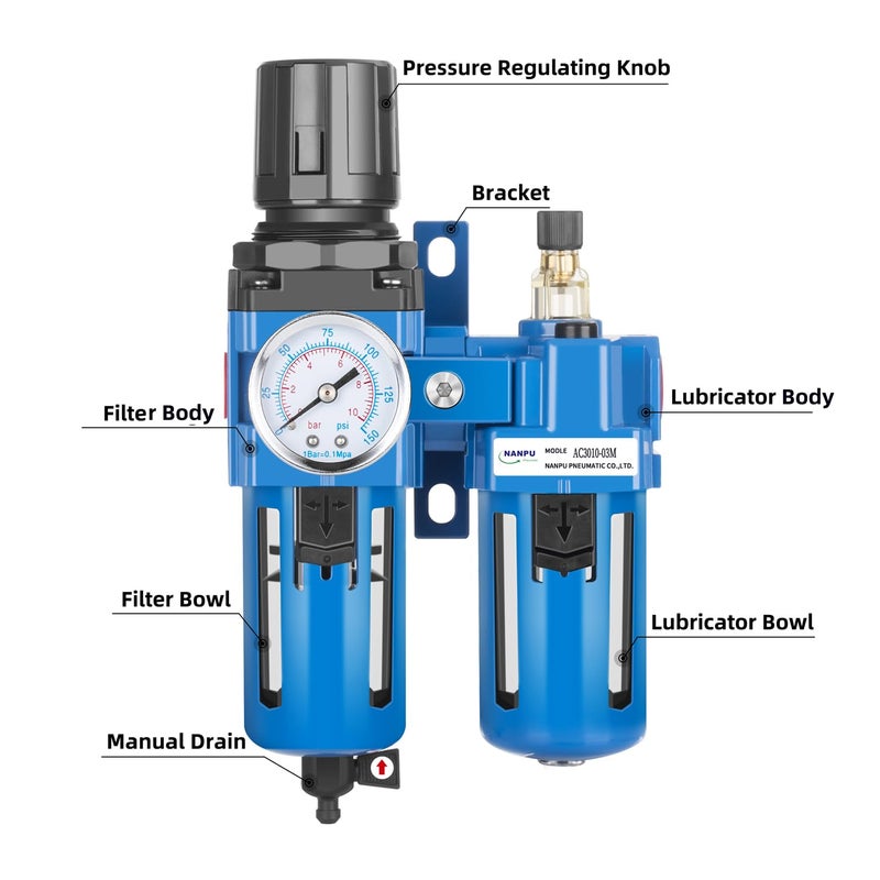 NANPU 3/8" NPT Compressed Air Filter Regulator Lubricator Combo, Water/Oil Trap Separator - Gauge(0-150 psi), Poly Bowl, Manual Drain, Bracket - AC3010-03M - Image 3